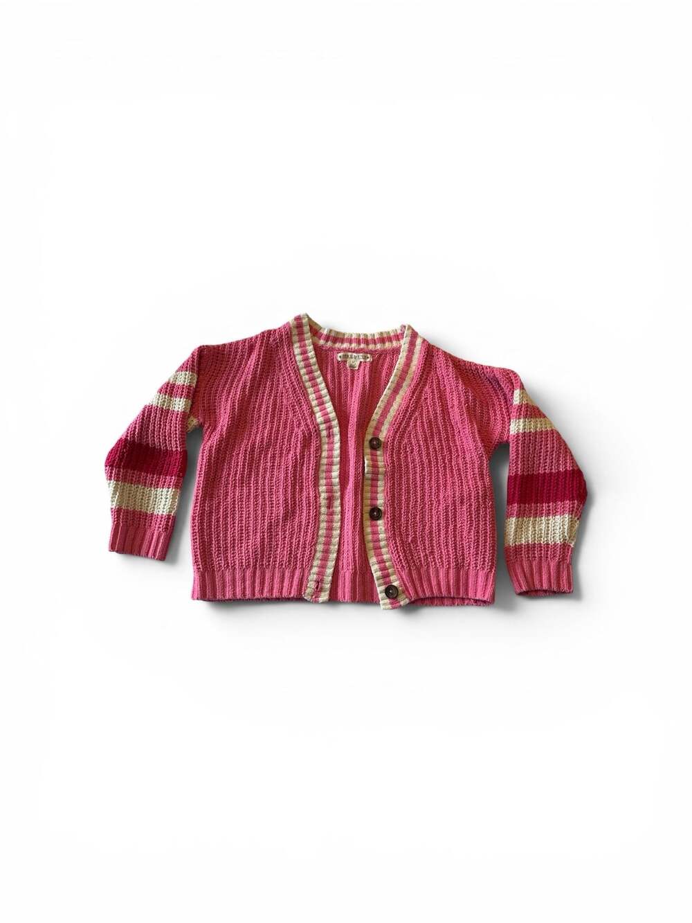 Star & Lily Pink Ribbed V-Neck Button-Front Cardigan with Striped Sleeves